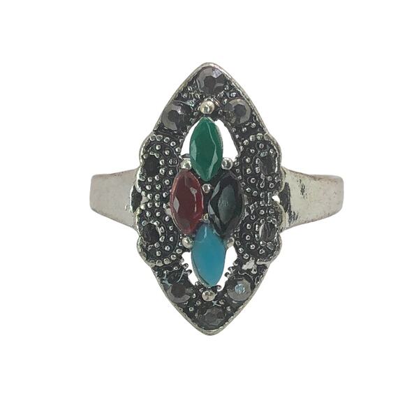 Silver and Multicolor Rhinestone Statement Ring - Size 10 - Picture 3 of 7